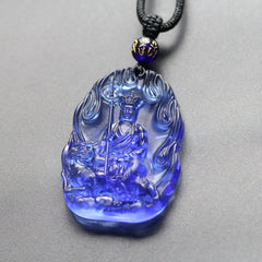 Ksitigarbha Buddha Liuli Crystal Necklace - Blue crystal amulet seated Buddha gold bead cord, spiritual