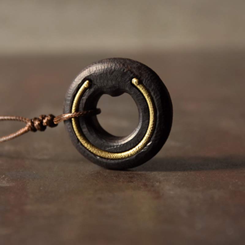 Black Iron Ring Pendant - brass inlay on brown leather cord, minimalist forged metal artisan men's necklace