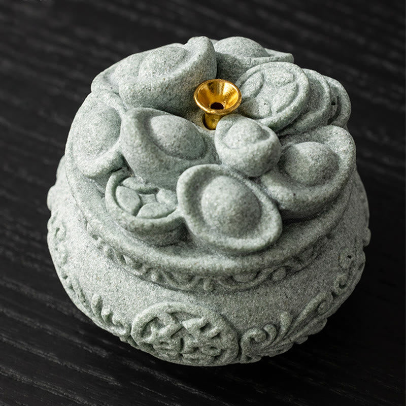 Fu Character Sandstone Incense Burner – overhead view of ingot lid with fu character, sandstone incense holder