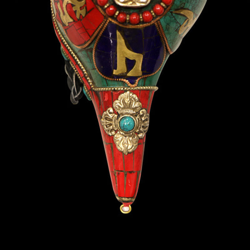 Shankha Om Mani Conch – beside singing bowl and mala beads on silk cloth, Buddhist altar arrangement