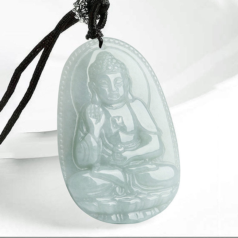 Zodiac Buddha Jade Necklace – front closeup of Amitabha Buddha jade pendant, meditating figure, pale green stone