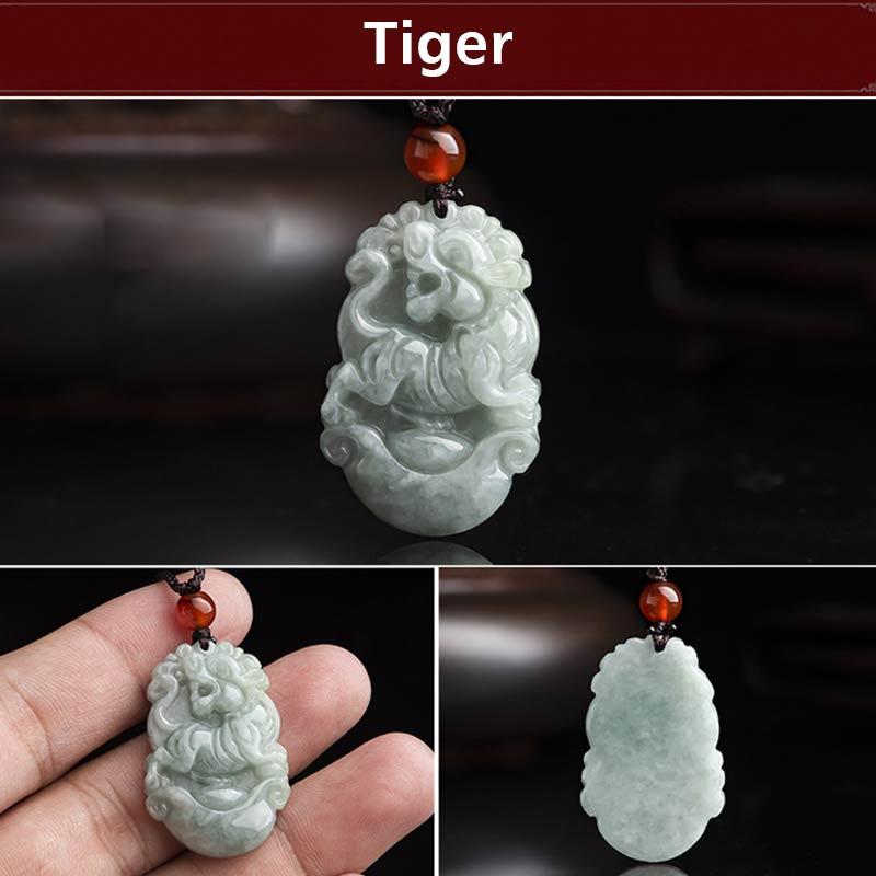 Natural Jade Chinese Zodiac Pendant – Tiger fierce face in dark reflective, courageous