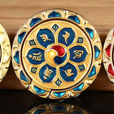 Om Mani Padme Hum Phone Ring Holder – Gold medallion with blue lotus petals and mantra, Buddhist pendant