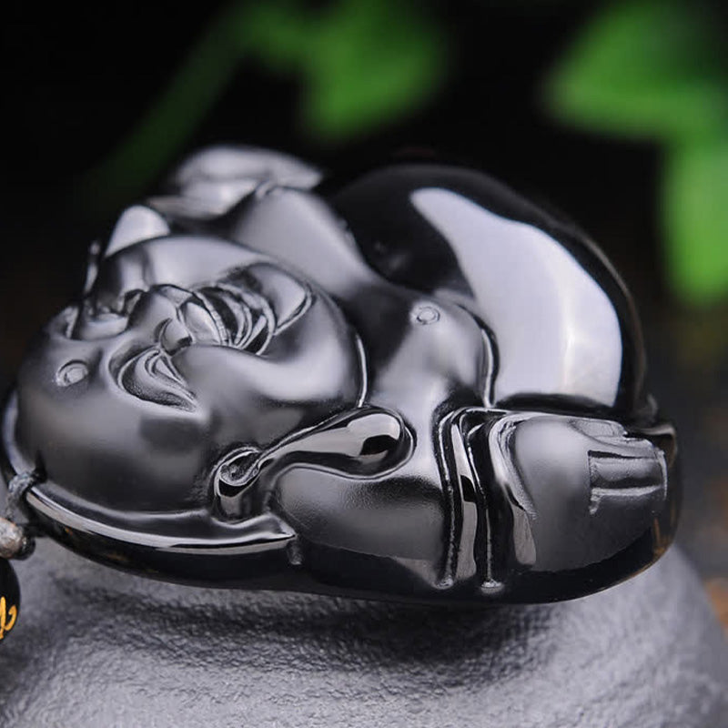 Black Obsidian Laughing Buddha Pendant – side profile highlighting smooth curves and thickness, protective talisman