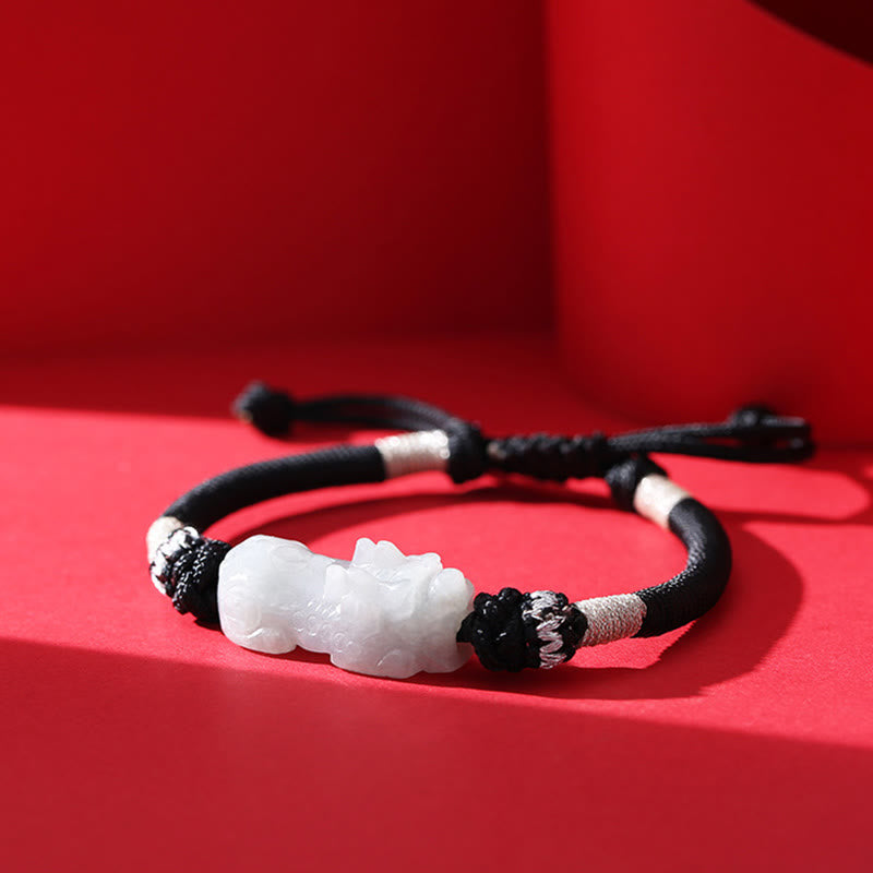 Natural Jade PiXiu Bracelet – front close-up red background, white jade carving detail, jade prosperity