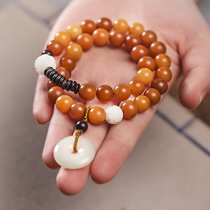 Pulsera de Doble Vuelta con Hebilla de la Paz de Jade y Semillas de Bodhi Cian | Sabiduría