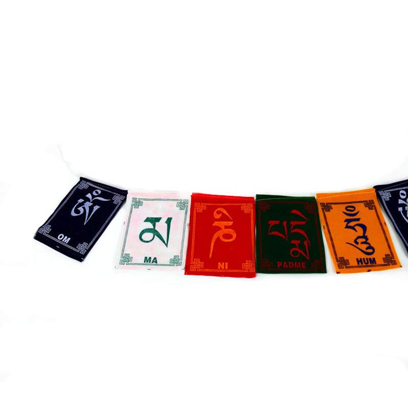 Tibetan Prayer Flags – Six flags on white background displaying Om Mani Padme Hum mantra, colorful Buddhist banner