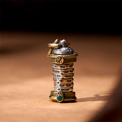 Yin Yang Tower Copper Balance Rotatable Necklace Pendant – Ornate pendant close-up with yin-yang, Greek key bands, gemstones