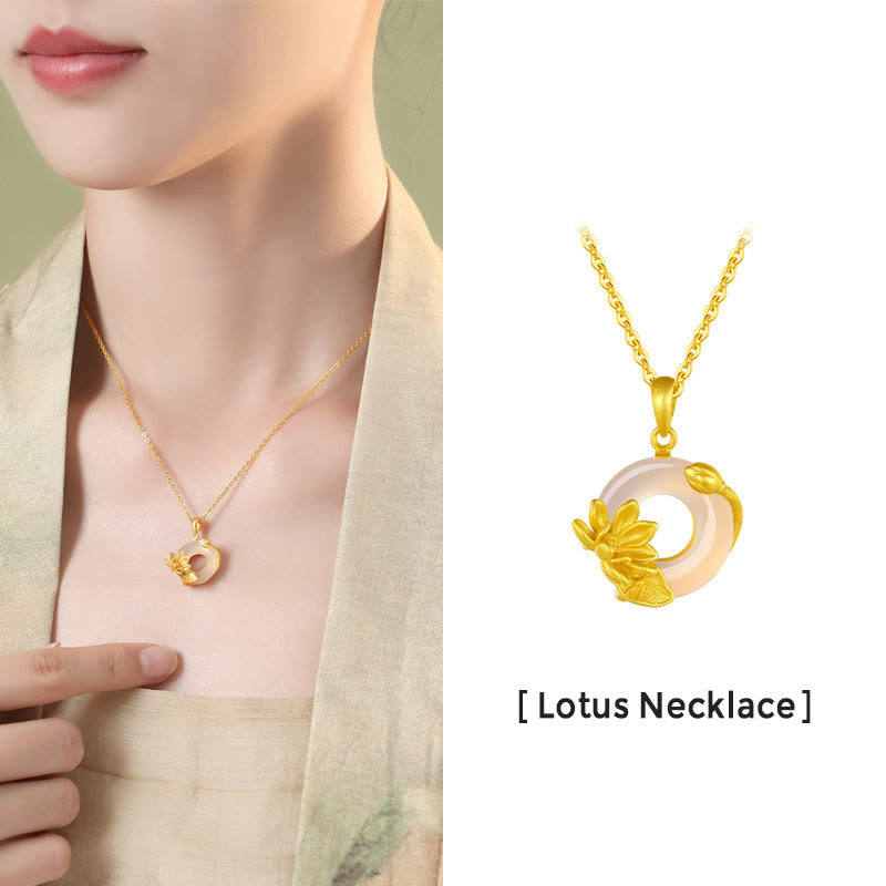 White Chalcedony Lotus S925 Necklace - split lifestyle and product view, chalcedony pendant