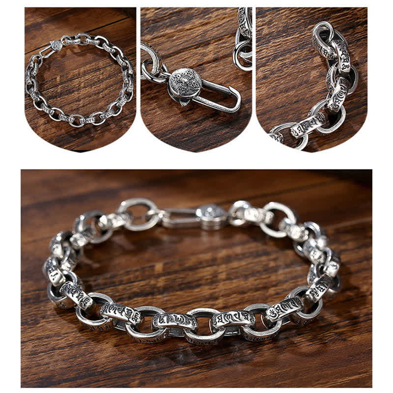Silver Om Mani Padme Hum Bangle – Four-panel collage with multiple angles
