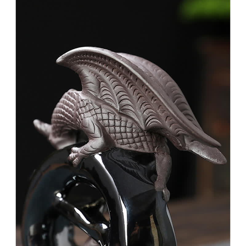 Ceramic Dragon Backflow Incense Burner – rear view of textured wings and tail on black orb