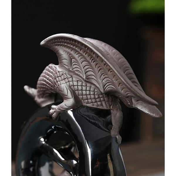 Ceramic Dragon Backflow Incense Burner – rear view of textured wings and tail on black orb