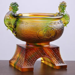Liuli Crystal PiXiu Bowl – Golden amber liuli bowl with green crystal PiXiu side handles
