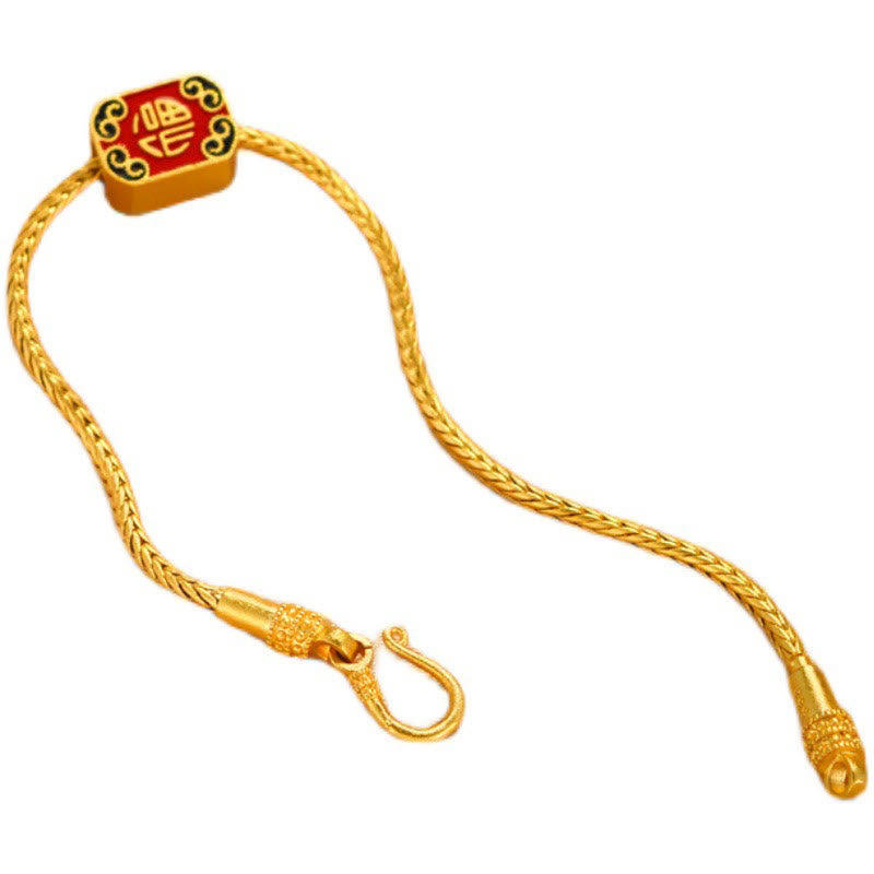 18K Gold Om Mani Padme Hum Koi Fish Bracelet – gold chain with red enamel Fu charm extended flat lay, clean white background