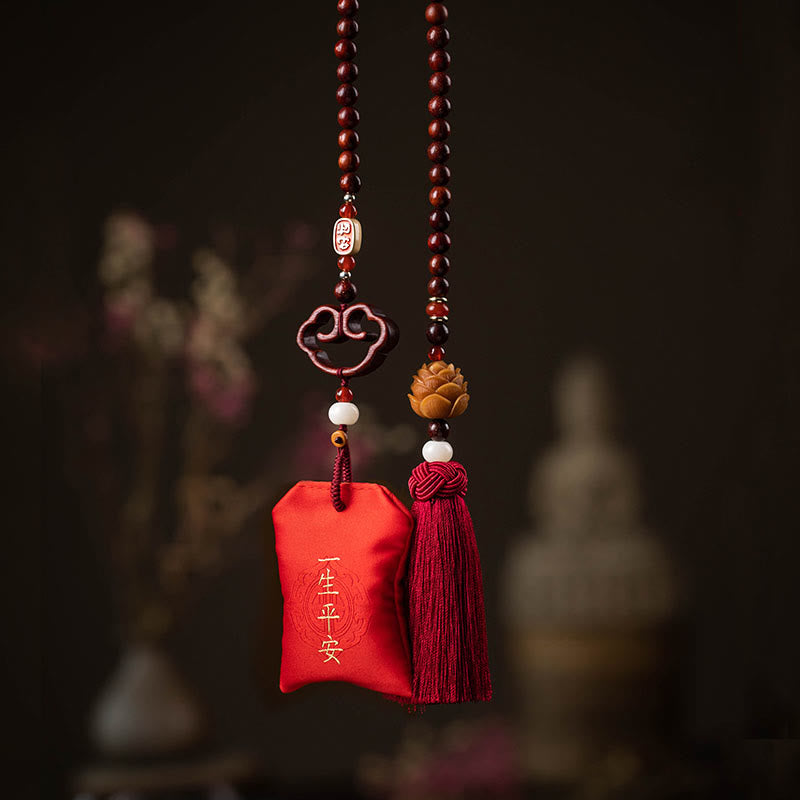 Red Sandalwood Car Hanging – Full view of dual strands with lifetime safety blessing pouch and lotus tassel on wooden beads