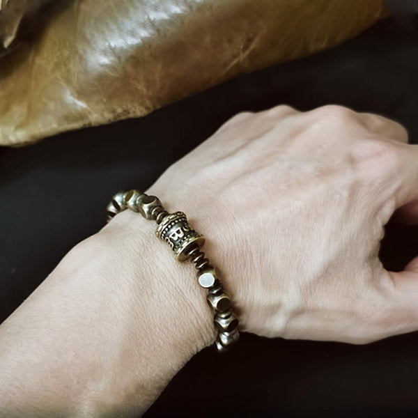 Om Mani Padme Hum Brass Bracelet - Antiqued on wrist with leather bag, mixed metal beaded men accessory