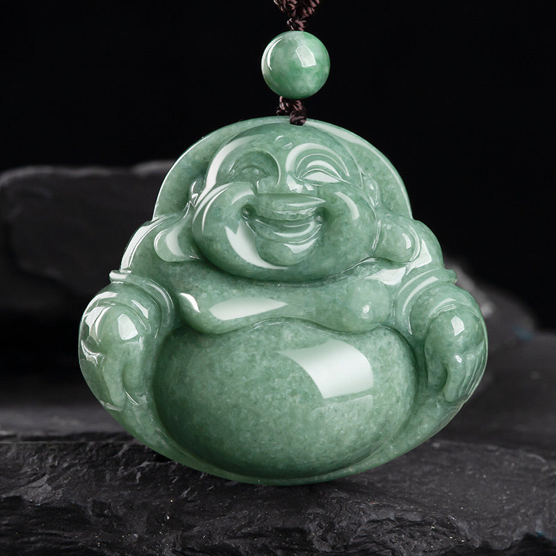Laughing Buddha Cyan Jade Harmony Necklace – Smooth turquoise jade Buddha head on woven cord, joyful spiritual jewelry