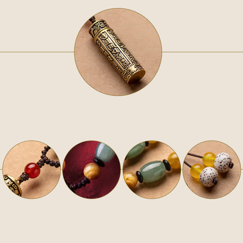 Tibetan brass prayer wheel pendant necklace detail collage showing engraved cylinder, green aventurine, amber, bodhi seed, and red carnelian beads