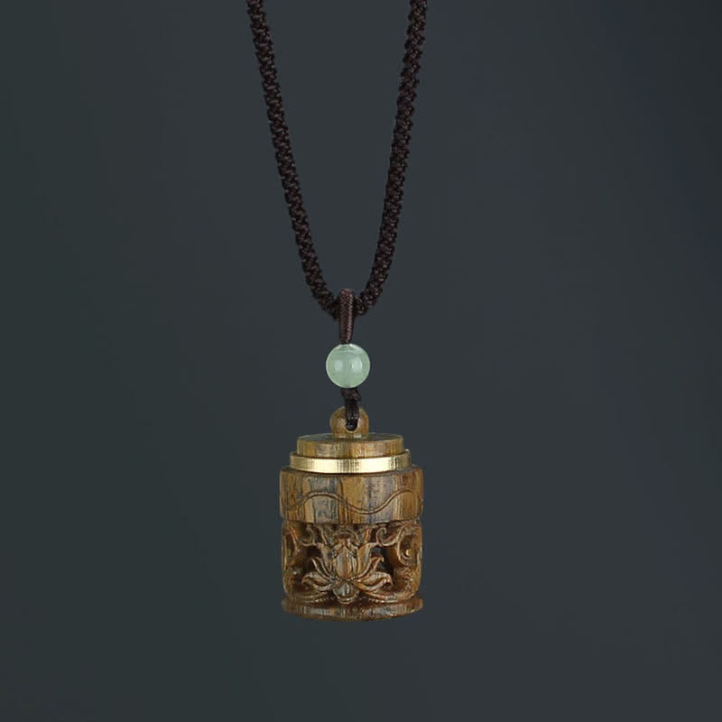 Om Mani Padme Hum Necklace – Barrel-shaped wooden pendant with lotus flower openwork carving and gold band, zen
