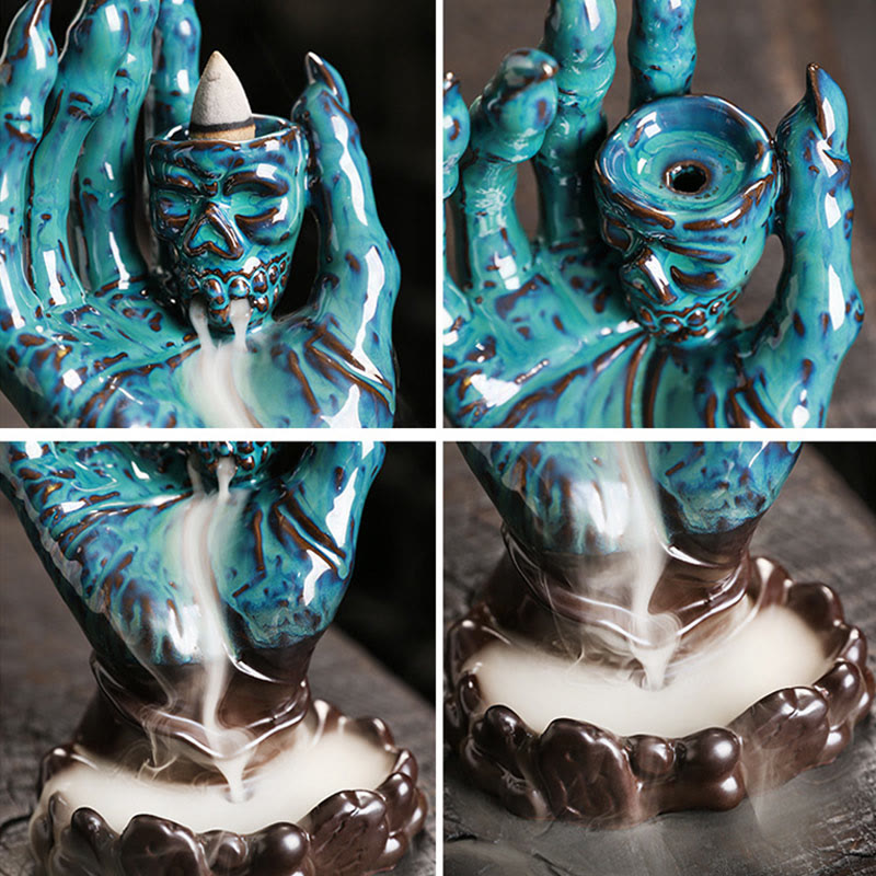 Ceramic Ghost Hand Skull Incense Burner – Four-angle composite of turquoise skull hands with lotus base, smoke pooling