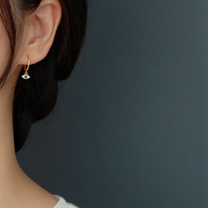 Gold Evil Eye Dangle Earring Worn on Ear, Blue Eye Charm Huggie Hoop Protection