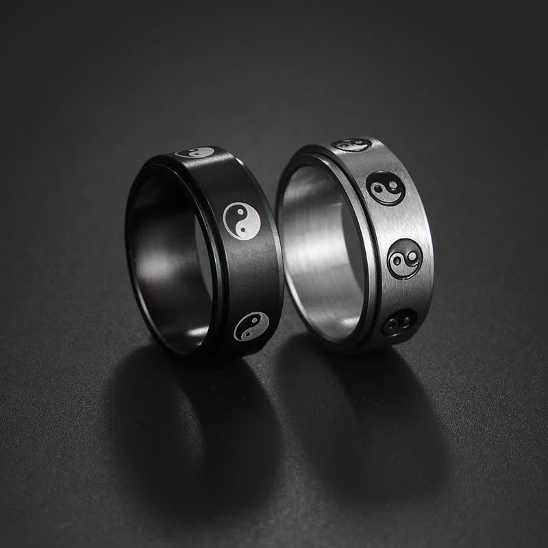 Yin Yang Titanium Steel Ring - Black spinner band with yin-yang engravings, titanium ring Main image