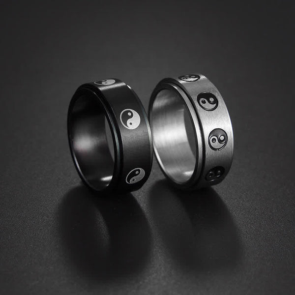 Yin Yang Titanium Steel Ring - Black spinner band with yin-yang engravings, titanium ring