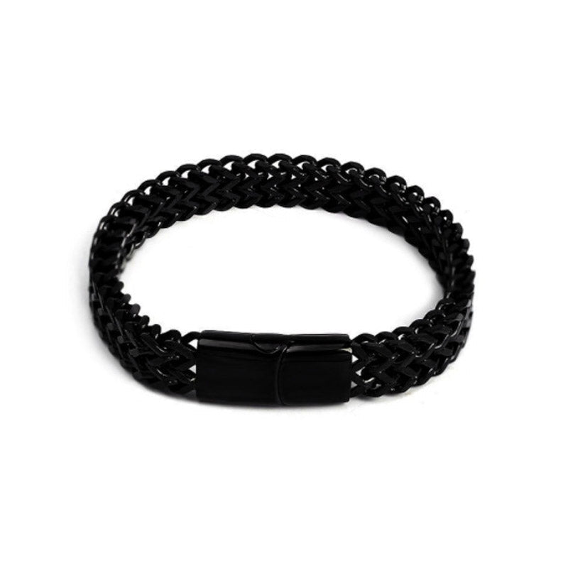 Fish Scale Titanium Steel Magnetic Bracelet – black PVD coated double chain with box clasp, white background, matte finish