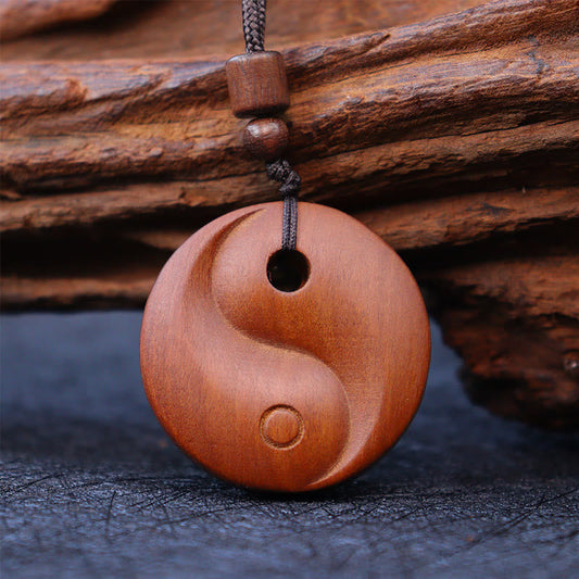 Lightning Struck Jujube Wood Yin Yang Luck Protection Necklace Pendant - Carved wood yin-yang on dark cord by wood, wooden am
