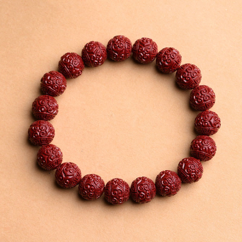 Cinnabar Om Mani Padme Hum Bracelet – ruyi cloud carved vermilion beads top-down, red stretch bracelet