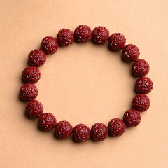 Cinnabar Om Mani Padme Hum Bracelet – ruyi cloud carved vermilion beads top-down, red stretch bracelet