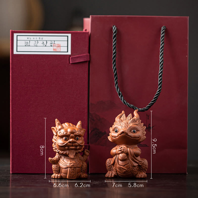 Luck Dragon Tea Pet - dark clay dragon with burgundy gift set, 9.5cm