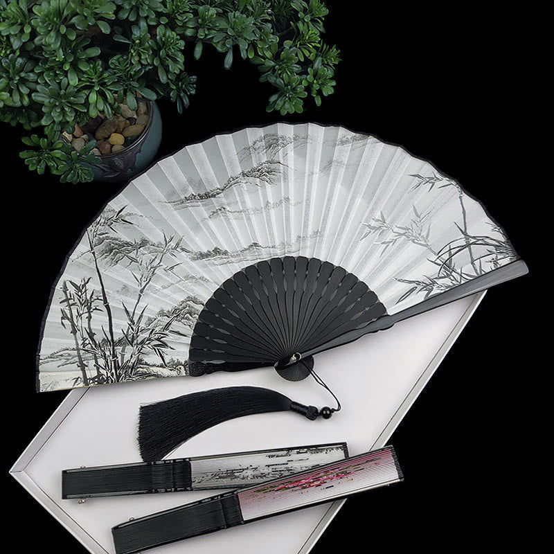 Vintage Silk Folding Fan - Open fan with ink bamboo mountain painting and tassel, traditional fan