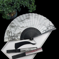 Vintage Silk Folding Fan - Open fan with ink bamboo mountain painting and tassel, traditional fan