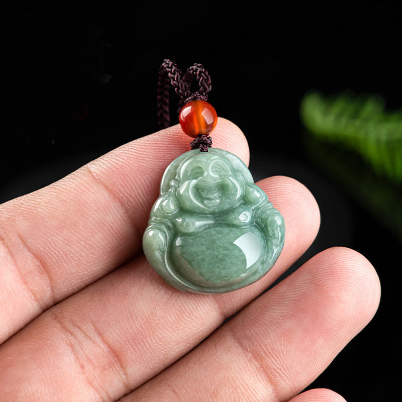 Cyan Jade Laughing Buddha Necklace - Hand holding pendant showing size detail