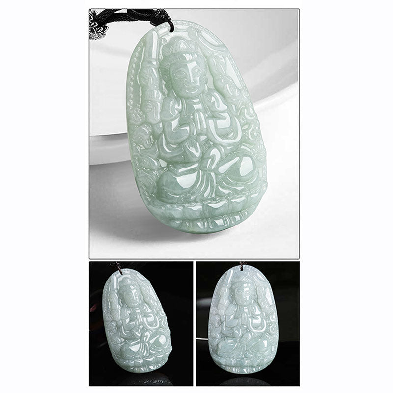 Zodiac Buddha Jade Necklace – three angles of Guanyin jade pendant, white and dark backdrop, spiritual guardian amulet