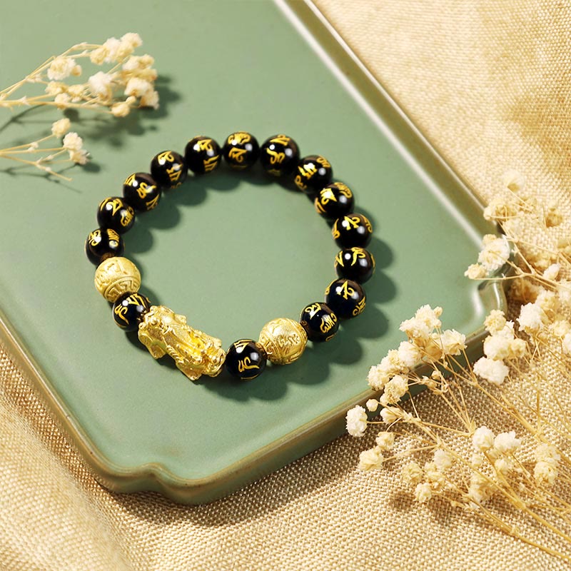 Obsidian Protection Set – black mantra bead bracelet gold Pixiu green plate, zen feng shui jewelry