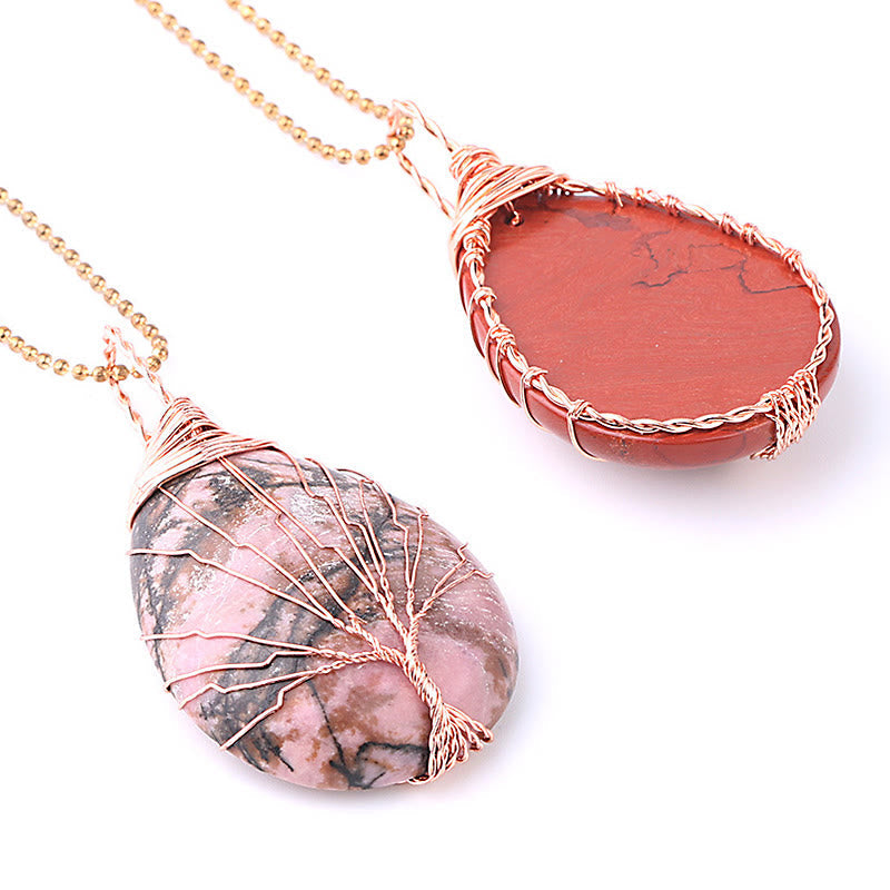 Quartz Crystal Tree of Life Necklace – rhodonite and red jasper dual pendants, rose gold wire, three-quarter