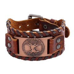 Tree of Life Copper Leather Bracelet – brown leather cuff with copper Tree of Life plaque and woven edges, white background
