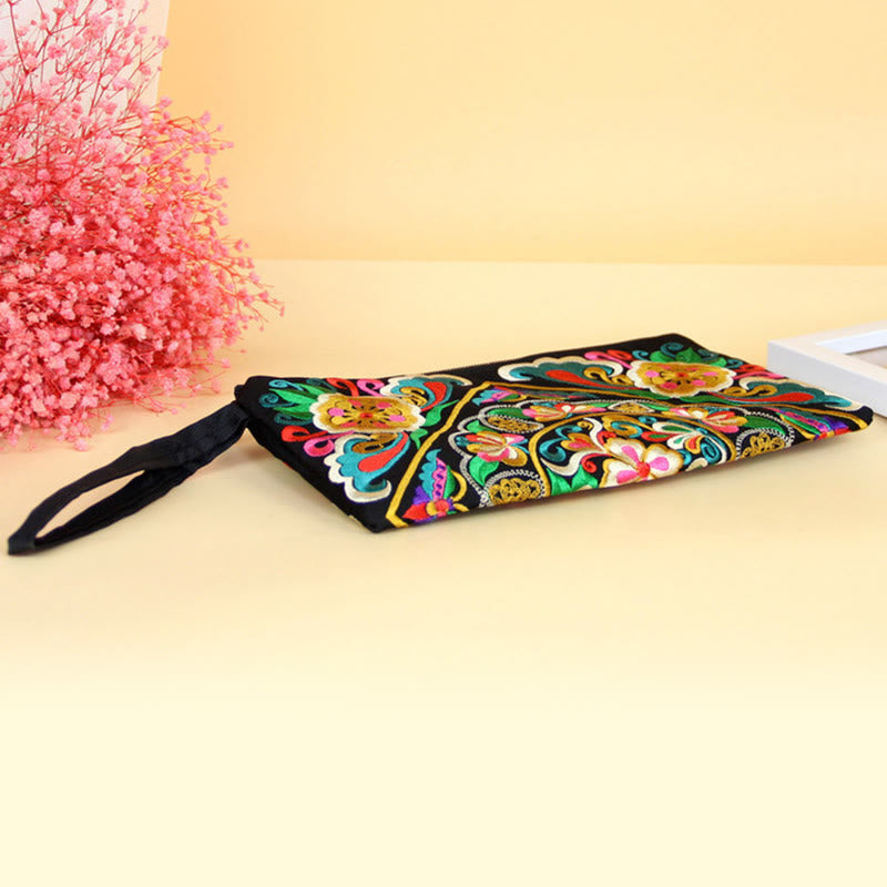 Dragon Butterfly Embroidery Wallet - Flat-lay on cream with pink flowers and strap, Chic
