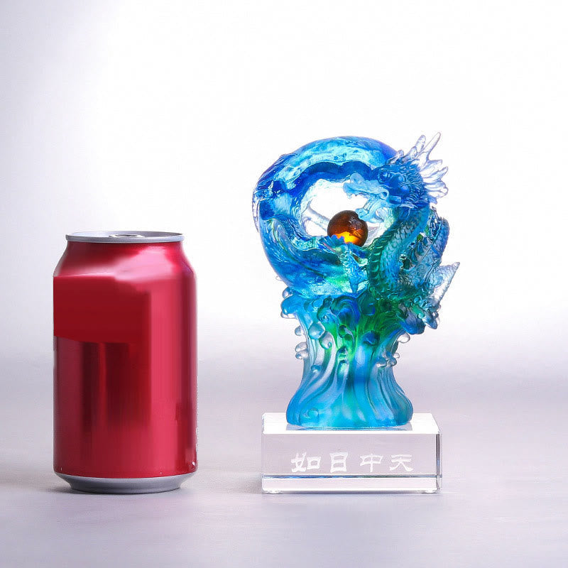 Azure Dragon Liuli Crystal – full sculpture shown beside can for scale, handmade gift