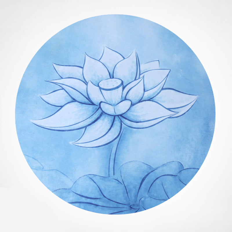 Lotus Mandala Yoga Mat – Blue watercolor lotus bloom with seed pod and lily pads, ink wash style, foldable mat