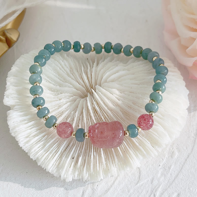 Hetian Jade Pearl Fu Gourd Money Bag Bracelet – Strawberry quartz PiXiu bracelet on white seashell, romantic feng shui