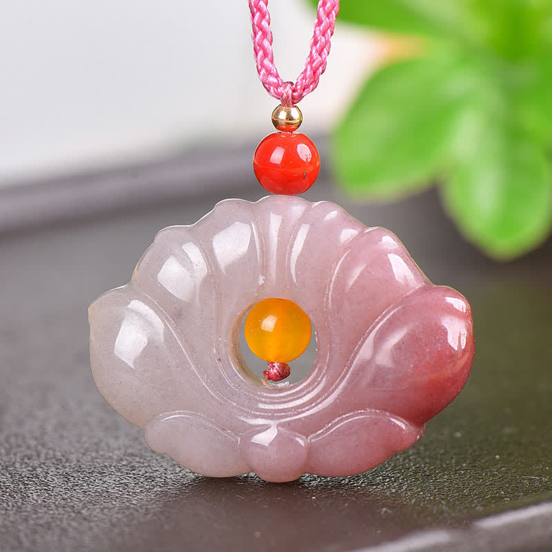 Lotus Pendant Necklace – Rose-pink carved lotus with amber center on pink cord, translucent gemstone, healing jewelry