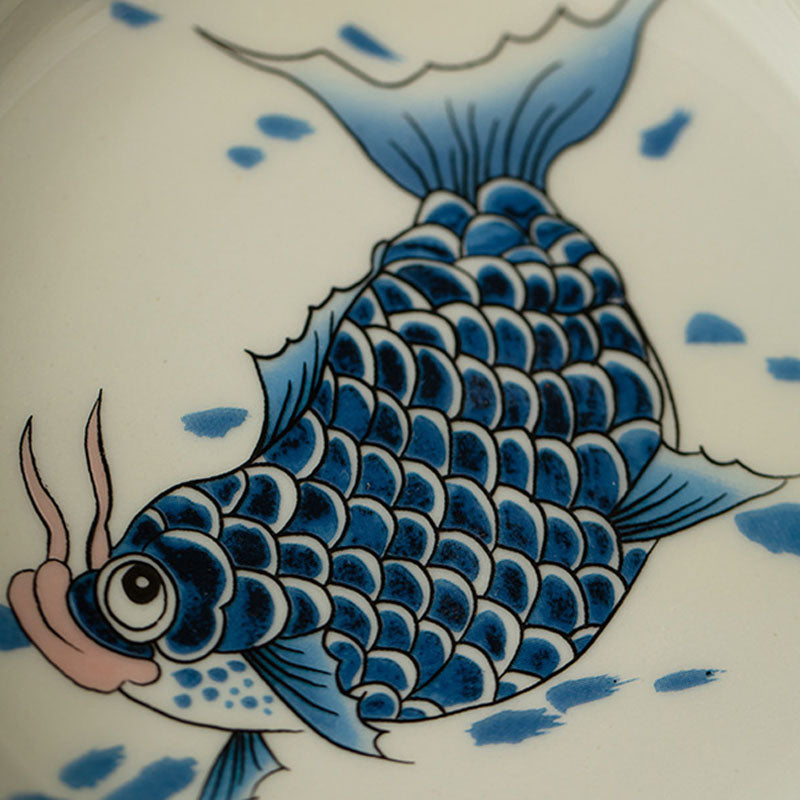 Koi Fish Gaiwan – natural light on koi painting and glaze texture, teaware