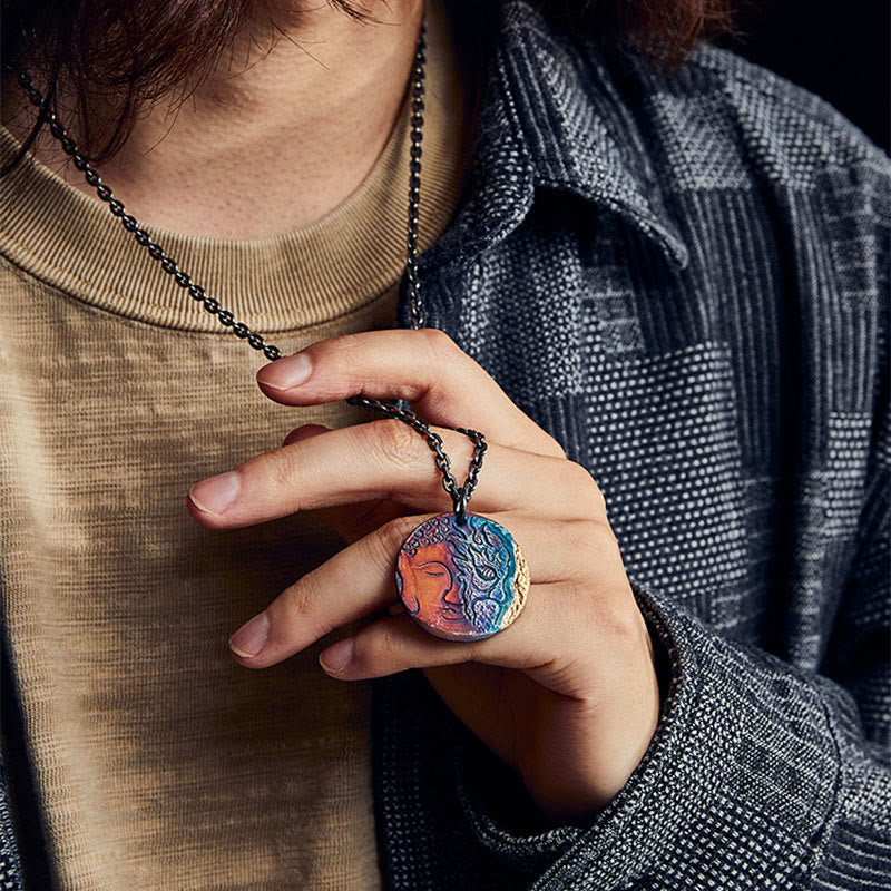999 Sterling Silver 24K Gold Half Demon Half Buddha Compassion Necklace Pendant – Handheld size reference, pendant scale view