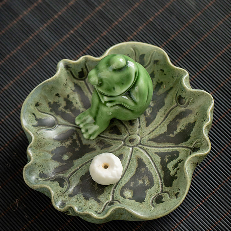 Ceramic Frog Incense Burner – On wooden tray with hand, Smoke wisps, Mindful