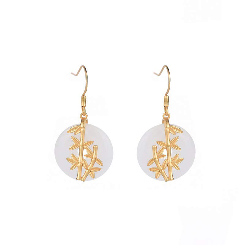 FengShui White Jade Fortune Earrings bamboo design white background