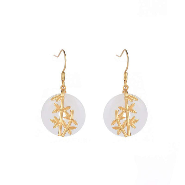 FengShui White Jade Fortune Earrings bamboo design white background