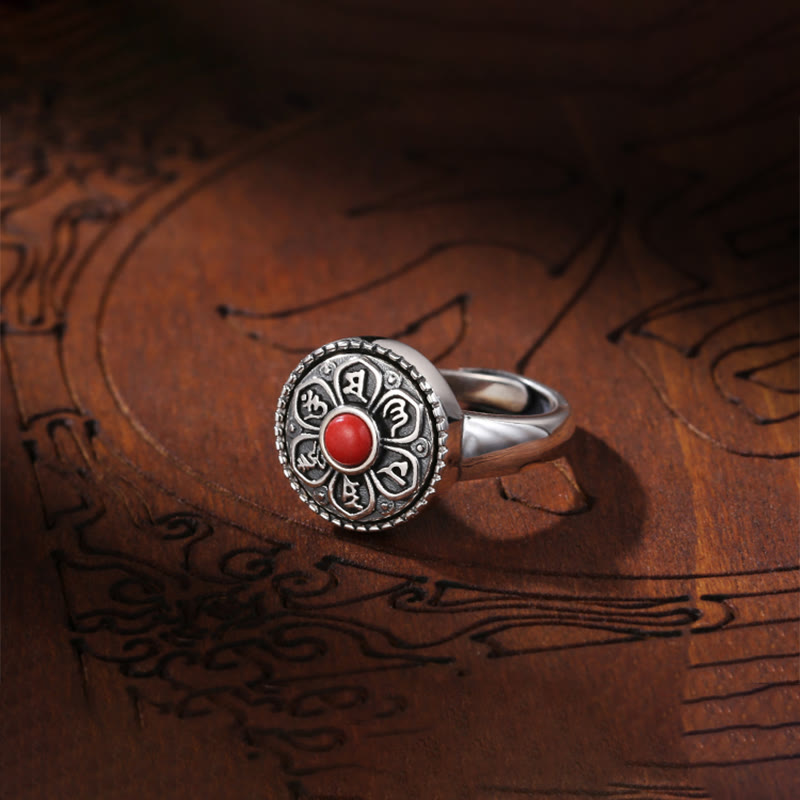 Tibetan Om Mani Padme Hum Ring – Red stone worn on hand, Tibetan copper ring